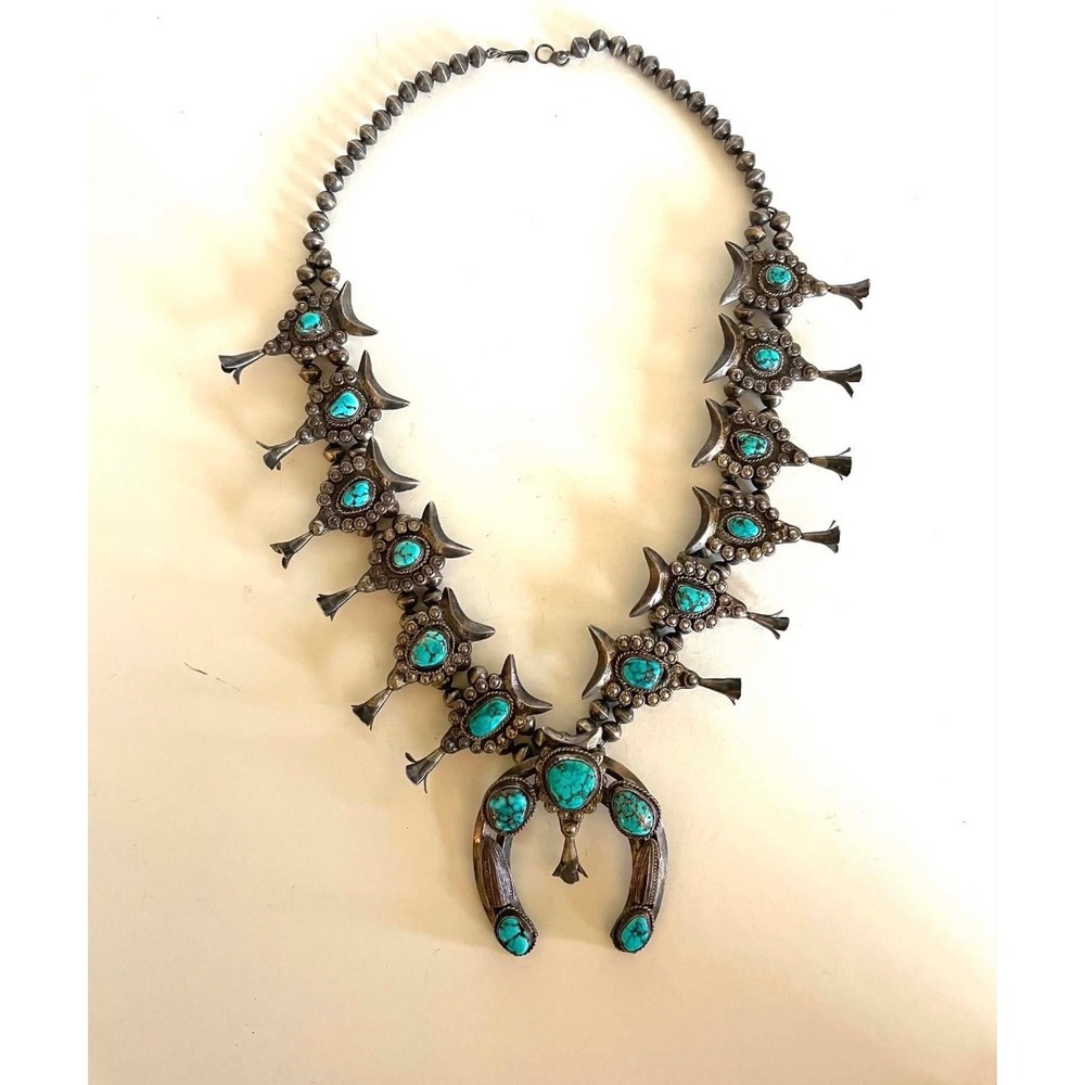 Vintage Navajo Turquoise Sterling Silver Squash Blossom Naja Necklace